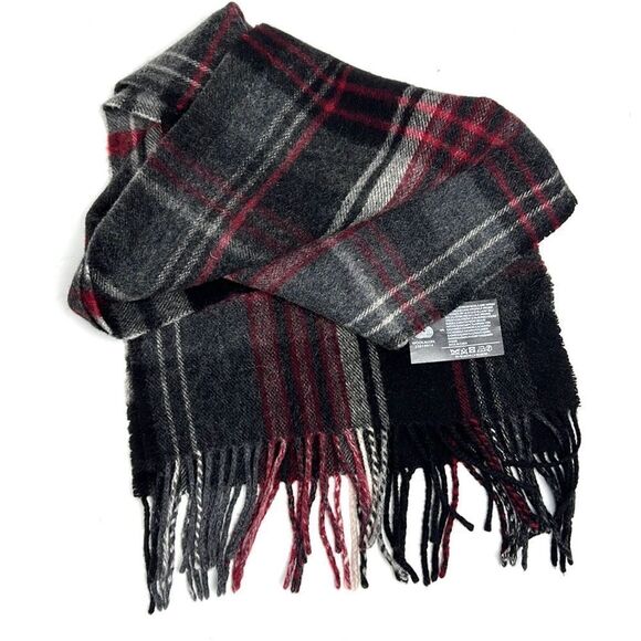V. FRAAS Wool Cashmere Blend Gray Red Plaid Scarf Unisex - Picture 6 of 9